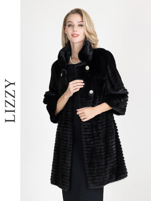 LIZZY优雅丹麦进口母貂水貂裘皮双排扣饰水钻扣大衣外套秋冬女4655 商品图1