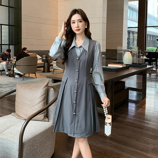 奢姿2025春秋季新款大码女装拼接压褶裙子胖妹妹休闲翻领连衣裙9943860328 商品图0