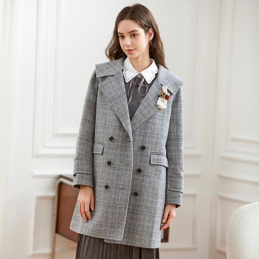 Famecoco范可儿西装式格子呢大衣外套女冬FAB8AR020 商品图1