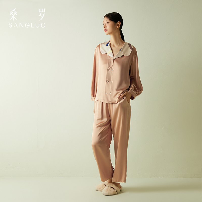 快乐源泉】桑罗糖霜印花多巴胺真丝睡衣套装女印花长袖宽松两件套