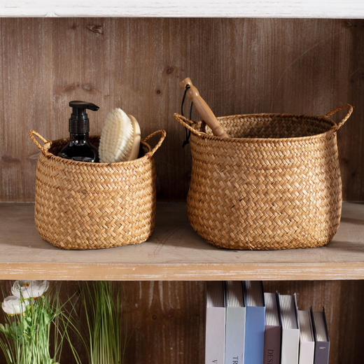 【橙色】娜家草编圆形双耳蒲草创意收纳篮 商品图0