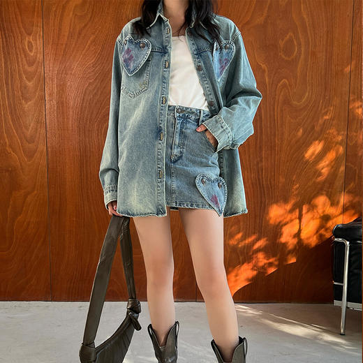 【顺丰包邮】99325 洛诗琳复古做旧喷绘牛仔外套牛仔半裙两件套516 商品图2