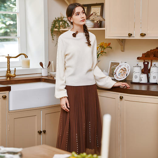 Famecoco范可儿优雅钉珠灯笼袖针织毛衣FAB8DC030 商品图3