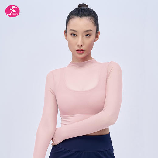 一梵新款 假两件瑜伽长袖带胸垫固定杯性感半透明网纱运动瑜伽上衣 商品图12