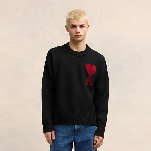 AMI 男士徽标提花经典美利奴羊毛针织衫 黑色 BFUKS006 018 009 商品图1