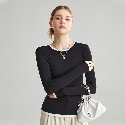 【冬季新品大放送，仅售一天】美丽诺羊毛轻肤高弹醋酸羊毛！2024假两件叠穿撞色修身圆领中弹长袖！ 商品图0