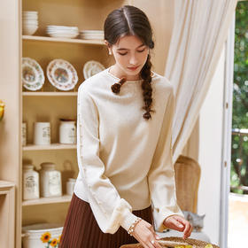 Famecoco范可儿优雅钉珠灯笼袖针织毛衣FAB8DC030