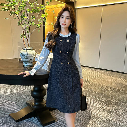 奢姿2024年秋季新款大码女装拼接减龄裙子胖妹妹立领假两件连衣裙9943855395 商品图0