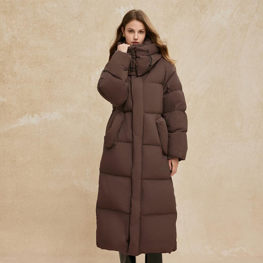 PR002斯尔丽2024年冬季新款高充绒带帽立领简约廓形长款通勤白鸭绒服 商品图0