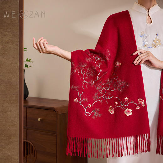 丁摩秋冬红色羊毛围巾女高端披肩大妈妈结婚礼服旗袍喜婆婆外搭配新款 商品图1