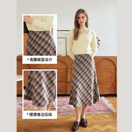 OLrain欧芮儿格纹半身裙女秋季2024年新款复古通勤斜裁鱼尾半裙 商品图2