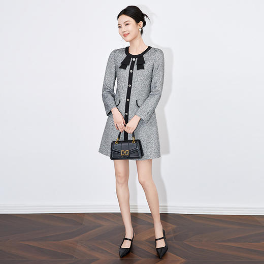 【高货wl】全新升级【铂金会员330/天猫439/差价109】(13505) 洛诗琳秋冬法式气质女装时尚小香风撞色蝴蝶结显瘦连衣裙 商品图2