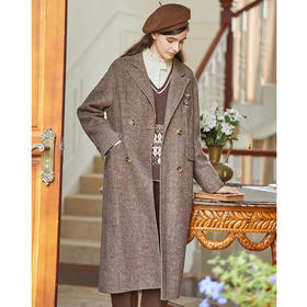 Famecoco绣花徽章西装式呢大衣长款女秋冬FAB8AQ030