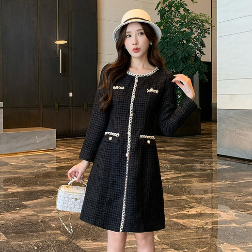 奢姿2025年秋装新款大码女装法式小香风裙子胖妹妹织带圆领连衣裙9944826624 商品图0