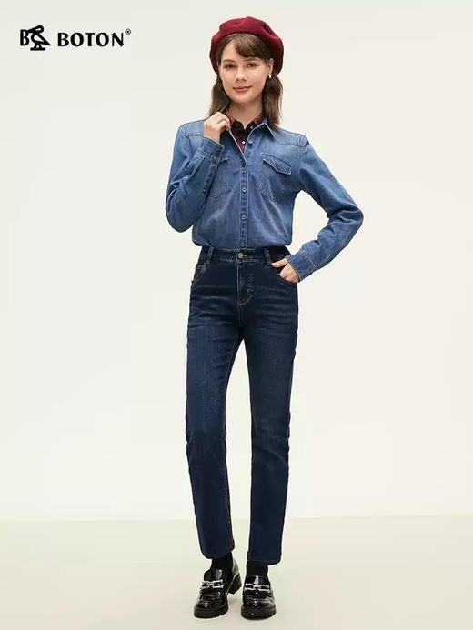 波顿秋冬季女士直筒深蓝色牛仔裤高端修身弹力美式裤子 商品图3