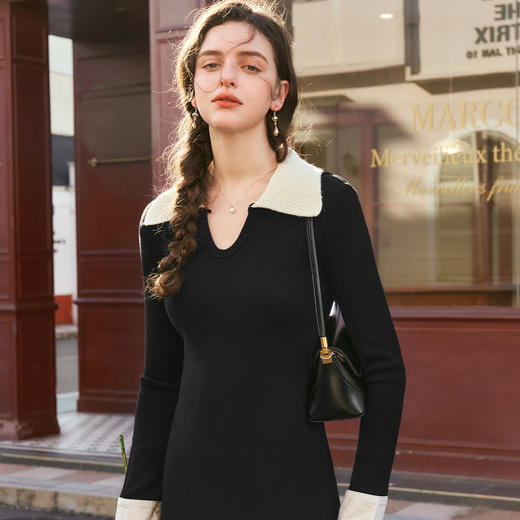 OLrain欧芮儿法式针织连衣裙女秋季2024新款撞色翻领收腰显瘦裙子 商品图3