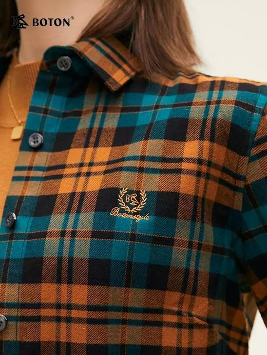 波顿秋冬季女士黄绿黑色格子衬衫高端美式休闲磨毛衬衣 商品图2