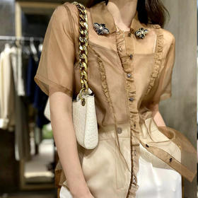 【顺丰包邮】80142 洛诗琳高级感100%真丝8mm欧根纱蜜蜂荷叶衬衣22603