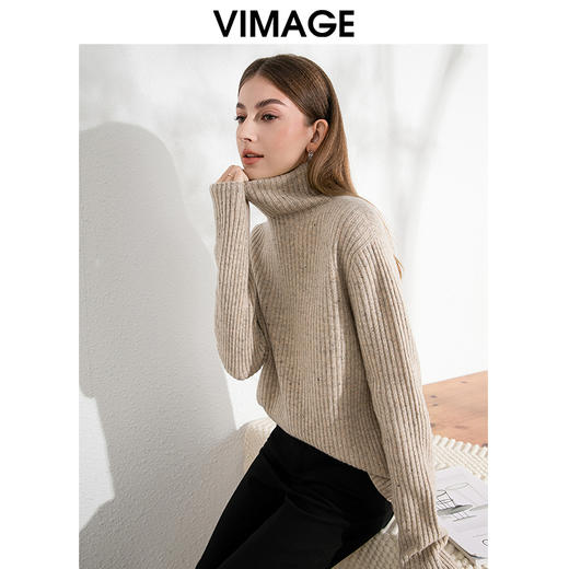 VIMAGE纬漫纪舒适保暖高领燕麦色100%绵羊毛针织衫24冬季新款VC2401302 商品图1