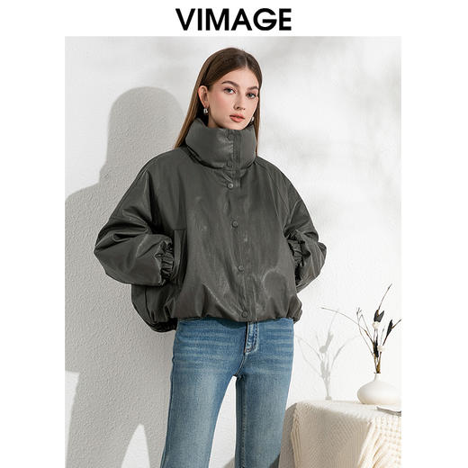 VIMAGE纬漫纪帅气立领时尚复古鹅绒保暖皮羽绒外套冬季新款VD2411309 商品图0