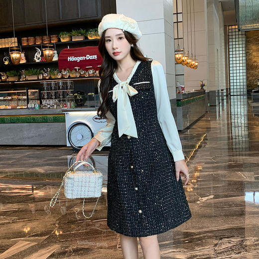 奢姿大码女装2024冬季减龄系带领小香风拼接连衣裙胖妹妹时尚裙子 商品图3