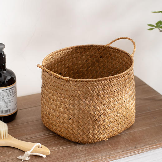 【橙色】娜家草编圆形双耳蒲草创意收纳篮 商品图3