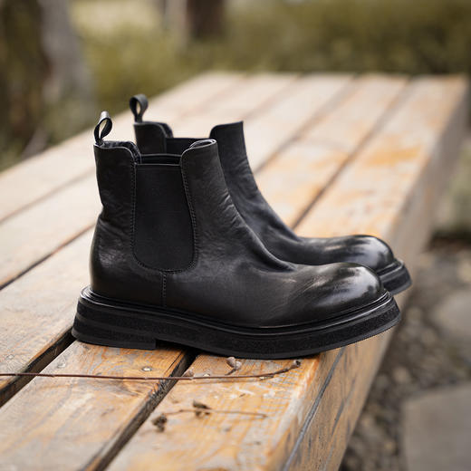 【阿么古纹马皮鞋】褶皱粗跟烟筒靴2025新款显瘦潮流百搭短靴4.5CM 商品图1