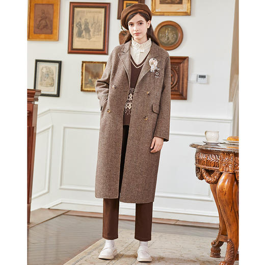 Famecoco绣花徽章西装式呢大衣长款女秋冬FAB8AQ030 商品图3