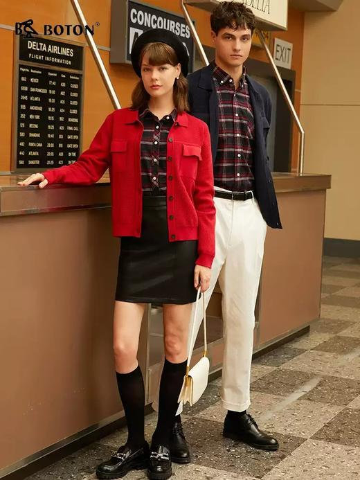 [3A抗菌]波顿秋冬女蓝红色长袖格子衬衫高端美式休闲衬衣LS027324 商品图1