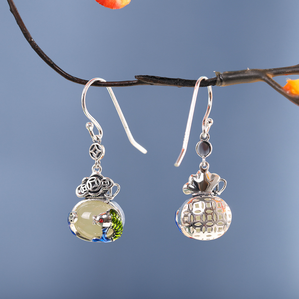 【清雅钱袋】S925银镶嵌和田玉烧蓝钱袋耳饰【RP-ez021749】