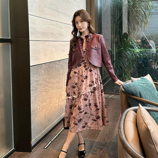 奢姿大码女装202春季减龄碎花皮衣吊带裙两件套胖妹妹时尚套装9943991277 商品图0