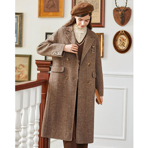 Famecoco绣花徽章西装式呢大衣长款女秋冬FAB8AQ030 商品图4