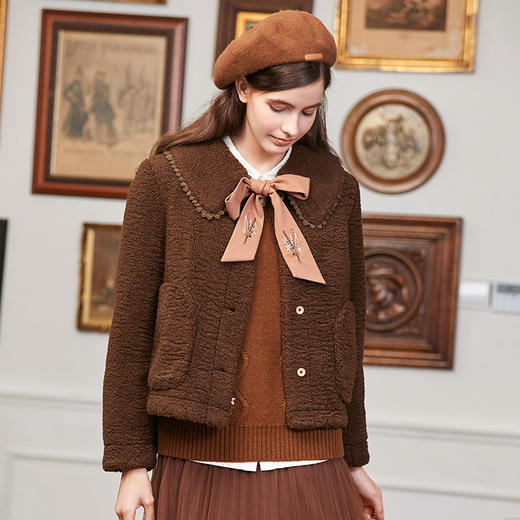 Famecoco范可儿冬季美拉德短款毛绒外套女FAB8AP001 商品图0