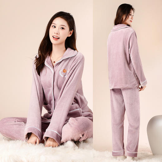 【云感亲肤柔软】睡衣女冬季款长袖开衫加绒加厚家居服女可外穿皇冠刺绣家居服 商品图3