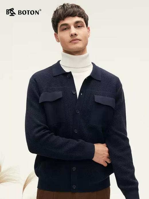 波顿秋冬季翻领工装风深蓝色男士开衫针织毛衣高端外套 商品图2