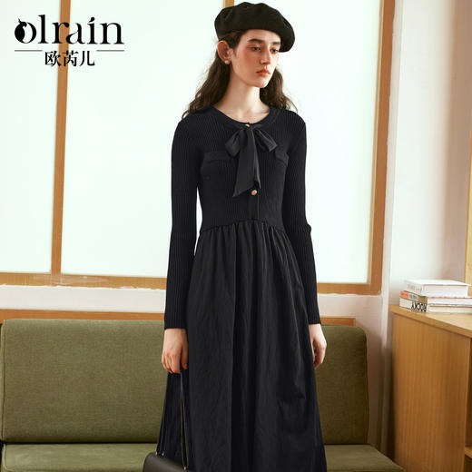 OLrain欧芮儿法式黑色连衣裙女秋季2024年新款小香风收腰A字长裙 商品图0