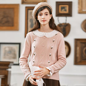 Famecoco范可儿圆领重工钩花套头毛衣秋冬FAB8DB040