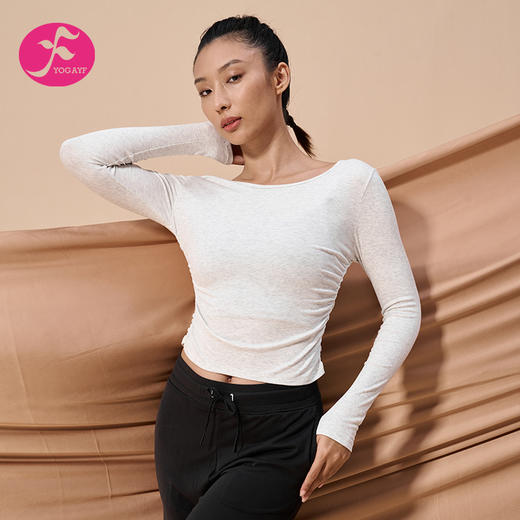 一梵新款莫代尔罗纹褶皱收腰修身上衣运动长袖上衣圆领显瘦服内搭3色瑜伽罩衫上衣 商品图3