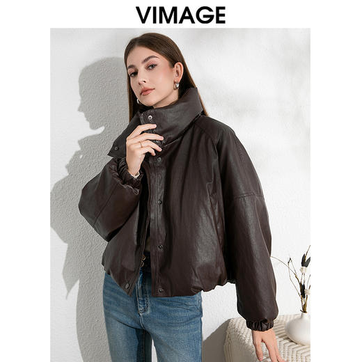 VIMAGE纬漫纪帅气立领时尚复古鹅绒保暖皮羽绒外套冬季新款VD2411309 商品图8