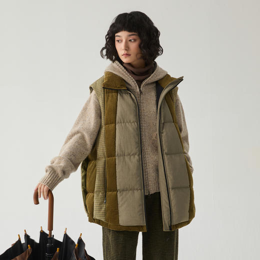 谜底羽绒马夹女2024冬季新品复古风立领拼接感鸭绒马甲244MY1662 商品图0