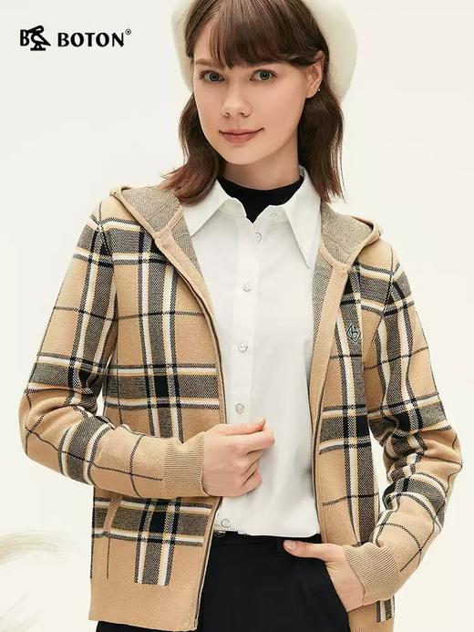 波顿秋冬季女士连帽卡其蓝黄色格子毛衣卫衣外套高端上衣 商品图1