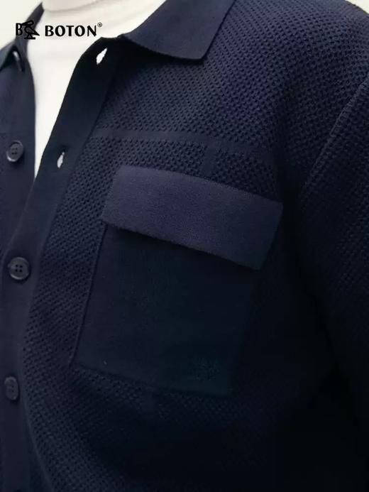 波顿秋冬季翻领工装风深蓝色男士开衫针织毛衣高端外套 商品图1