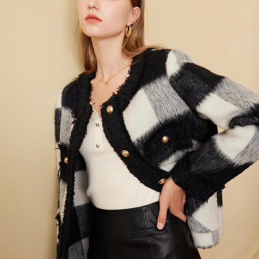 三彩2024冬季新款格纹双面呢大衣短款香风毛边圆领毛呢外套优雅女M 商品图2