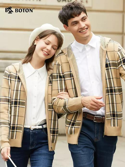 波顿秋冬季卡其蓝格子毛衣卫衣男士连帽高端针织休闲上衣 商品图3