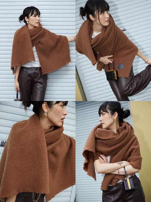 HIDEMI【辛芷蕾同款】进口羊羔绒拉毛做旧感加厚款皮标系列超大围巾披肩 驼色/黑色 商品图4