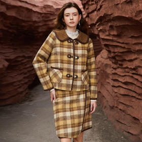 Famecoco冬季格子羊毛毛呢套装裙两件套女FAB8EA022