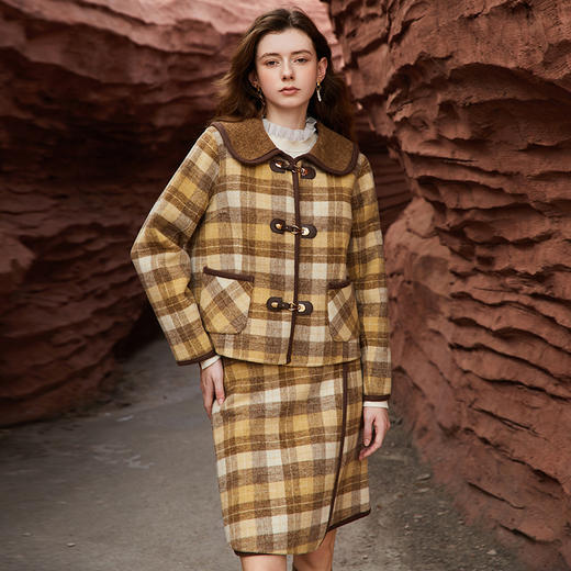 Famecoco冬季格子羊毛毛呢套装裙两件套女FAB8EA022 商品图0