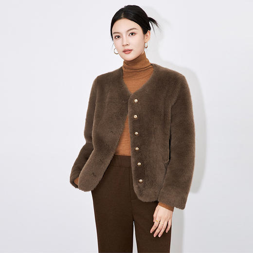 【高货wl】全新升级【铂金会员330/天猫449/差价119】(11952) 洛诗琳秋冬时尚保暖雪兰貂圆领环保毛纺皮长袖短款外套 商品图3