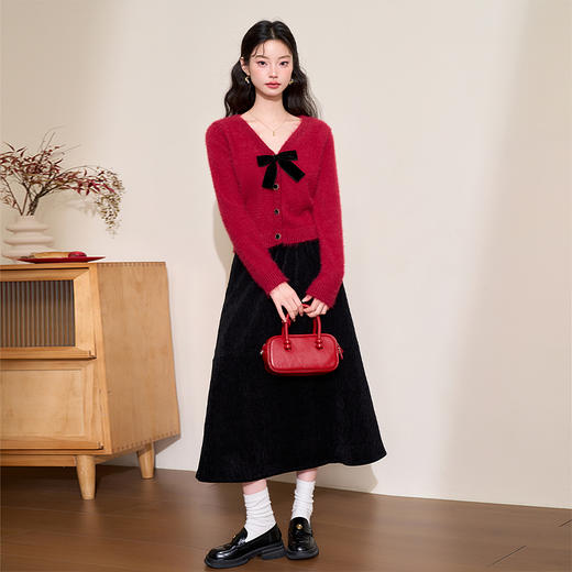 气质甜美软糯蝴蝶结长袖针织衫女秋冬毛绒V领短款外套V4343580 商品图1