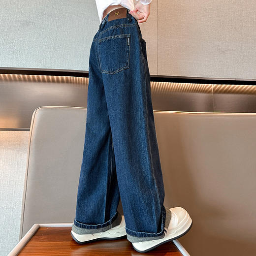 【显瘦高腰设计，舒适喇叭版型】女童裤子春秋新款 儿童深蓝牛仔裤 初秋长裤 女孩大童秋季阔腿裤-QQ 商品图3